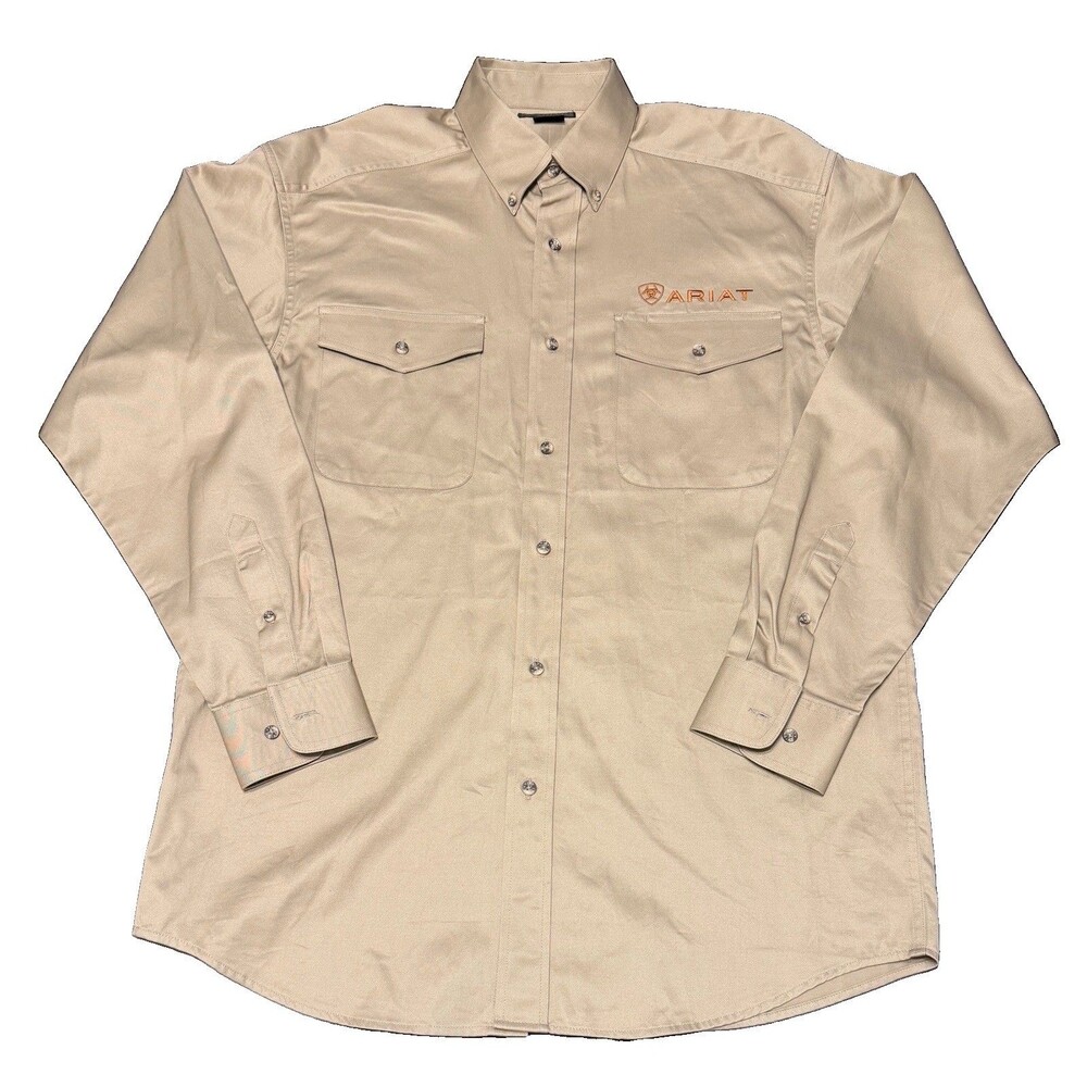 Ariat Mens Medium Button-Up Beige Twill Work Shirt Embroidered Both Sides NWOT